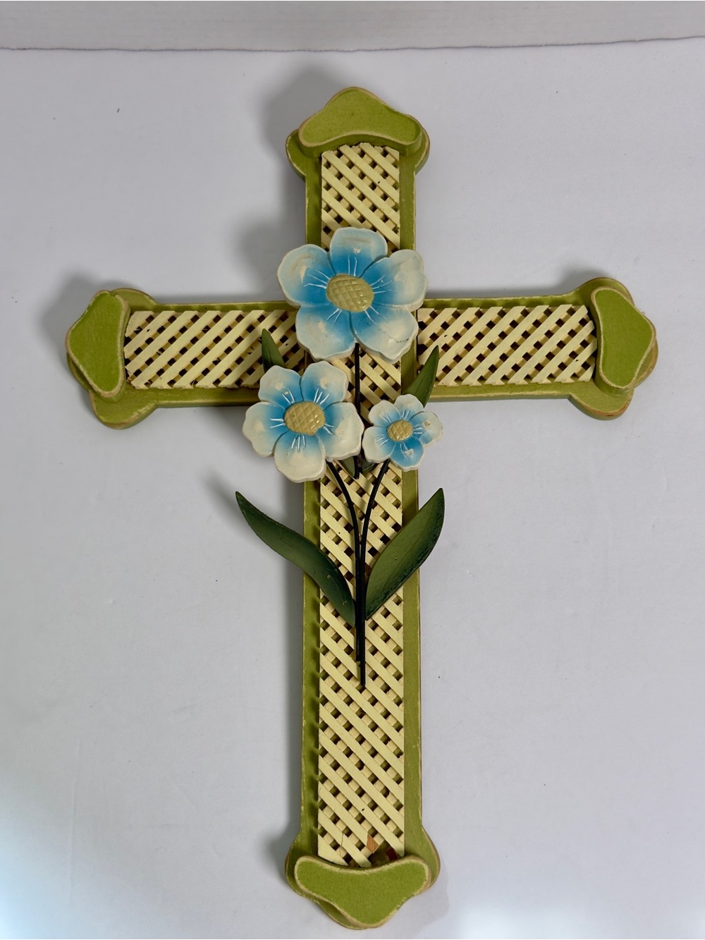 From wood Decorative Green Cross Wall Accent with Blue Flower Detail